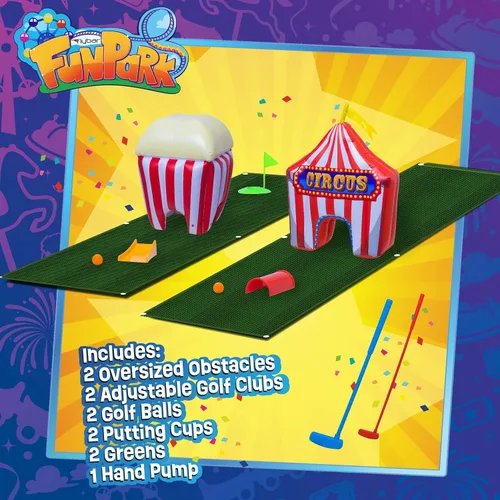 Miniatura 4 de FunPark - Juego de minigolf inflable – Campo de 13 piezas con palos ajustables, pelotas, copas de putting, tapetes verdes y obstáculos temáticos