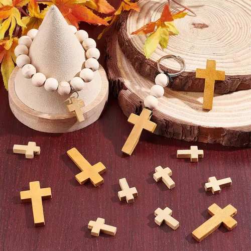 Miniatura 5 de SUNNYCLUE 100 piezas de 2 estilos de cruces de madera de Pascua a granel con cruz de madera natural, cuentas de cruz para manualidades, fiestas, 100