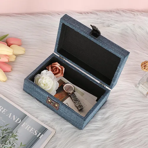 Miniatura 3 de Hipiwe Joyero de cofre del tesoro, caja decorativa de madera con cierre, caja de recuerdos cubierta de lino, caja de recuerdos rectangular