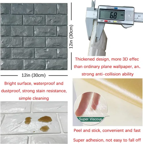 Miniatura 5 de Paneles de pared 3D para despegar y pegar, 11 piezas de papel tapiz de ladrillo de espuma gris para dormitorio, panel de pared de piedra sintética