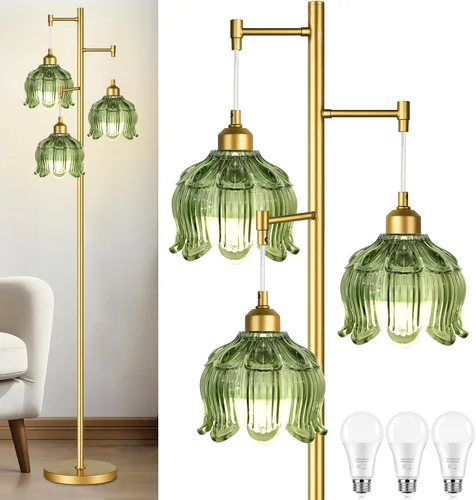 Miniatura 20 de Lámparas de pie doradas para sala de estar lámpara de pie vintage con forma de L de vidrio y tres bombillas led, lámpara de pie verde de latón