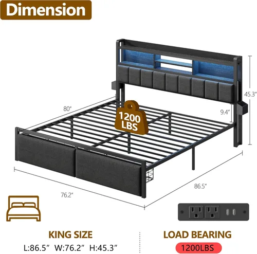 Miniatura 2 de Furnulem Base de cama King con cabecero de madera y cajones de almacenamiento, marcos de cama de plataforma de metal tamaño King con luces LED