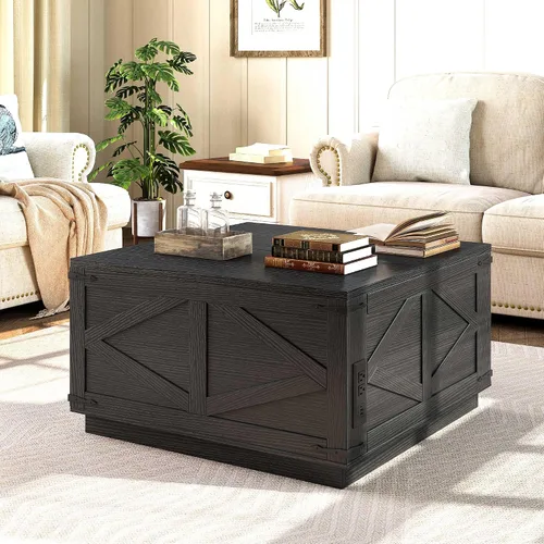 Miniatura 8 de Jocoevol Mesa auxiliar con tapa elevable, mesa central cuadrada de madera con iluminación LED, estación de carga USB-C y compartimento