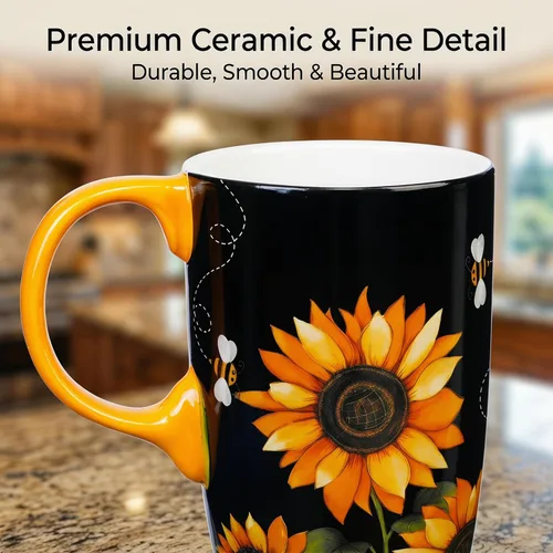 Miniatura 5 de Taza de viaje de cerámica de girasol de Topadorn con tapa y caja de regalo a juego, taza de café latte, 17oz. Hola, sol