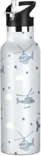 Insulated Water Bottle with Straw Helicopter and Stars Cloud Silver Double Wall Vacuum Insulated Lightweight for Sport Gym Outdoor Travel School 13