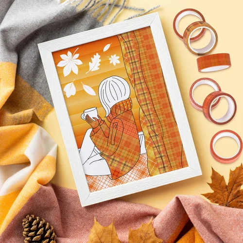 Miniatura 7 de Whaline 12 rollos de cintas Washi de otoño a cuadros naranja rojo búfalo cinta decorativa de otoño de color sólido de lunares con patrón de cinta
