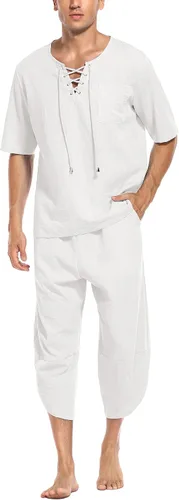 Babioboa Conjunto de 2 piezas de lino para hombre, camisa hippie de manga corta y pantalones capri harén holgados para playa, pantalones de yoga