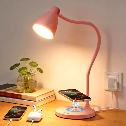 BOHON Bonita lámpara de escritorio con puertos de carga USB C+A, cargador inalámbrico, lámpara rosa, 5 colores de luz de lectura con atenuación