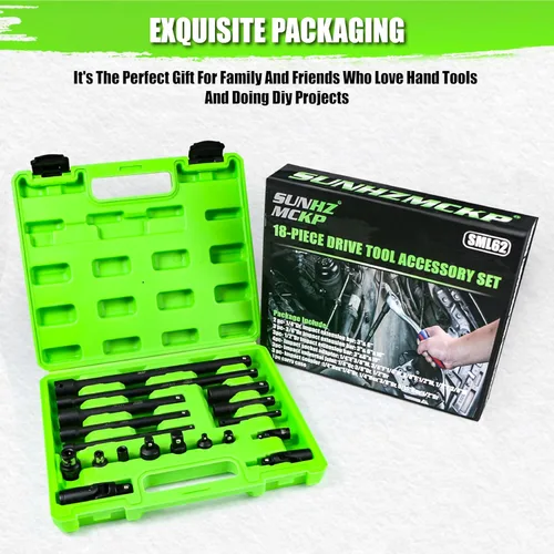 Miniatura 8 de Juego de extensión de enchufe de impacto de 18 piezas, barras de extensión de enchufe de 1/4 de pulgada, 3/8 pulgadas y 1/2 pulgadas, incluye juego