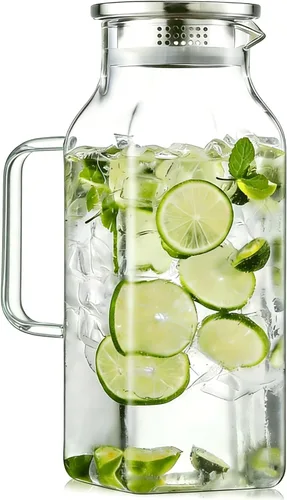 1 paquete de 2 litros/68 oz jarra cuadrada de vidrio con tapa y asa, jarra de vidrio para agua caliente/fría, jarra grande de té helado para café,