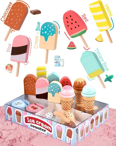Miniatura 5 de Juguetes de helado de madera para niños, tienda de juegos de cocina para niños pequeños, accesorios de cocina con cucharada, menú y dinero falso