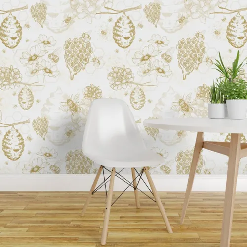 Miniatura 3 de Muestra de papel tapiz extraíble – Colmena de abeja Toile flores amarillas grandes mostaza oro abeja miel papel pintado personalizado pre-pegado por