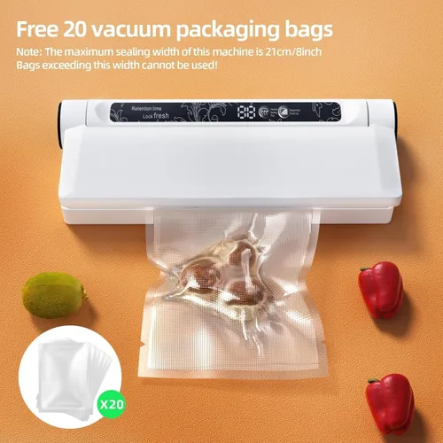 Miniatura 6 de Máquina selladora al vacío, succión fuerte de 75 KPA, 20 bolsas de sellado al vacío para alimentos, temporizador digital de cuenta regresiva