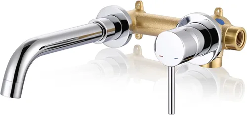 Miniatura 9 de ARCORA Grifo de baño de montaje en pared, negro mate, grifo de lavabo de baño de una sola manija montado en la pared, válvula empotrada incluida