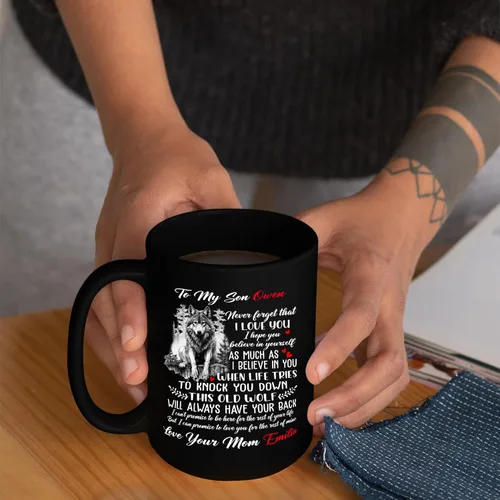 Miniatura 6 de Taza de café personalizada con texto en inglés «To My Son Never Forget That I Love You To Knock You To Knock You Down This Old Wolf Will Have Your