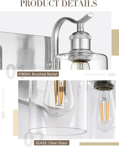 Miniatura 6 de Lámpara de tocador de baño de 3 luces, aplique de pared de níquel cepillado, lámpara de baño moderna con vidrio transparente, VL01BN-3 Níquel