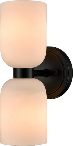 CLAXY Aplique de pared negro moderno de 2 luces de tocador de baño, pantalla de vidrio lechoso para baño, dormitorio, escalera