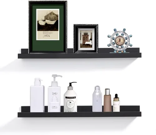 Estantes flotantes negros para pared de 24 pulgadas con reborde, repisa moderna para cuadros, estantes de pared para fotos, decoración de