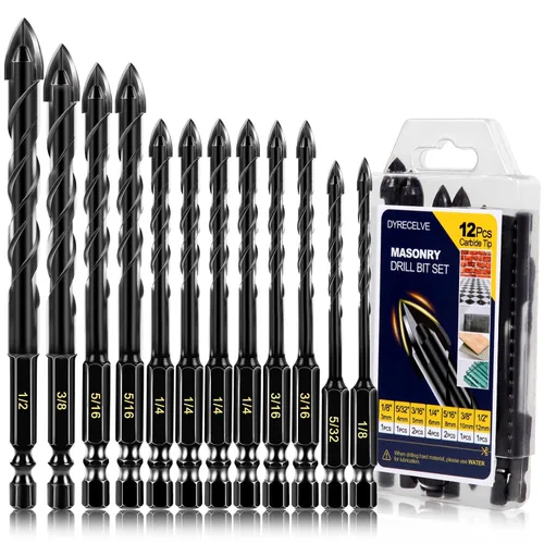 Miniatura 8 de Juego de 12 brocas de mampostería y juego de brocas para hormigón, brocas de carburo profesional de 1/8 a 1/2 pulgada para vidrio, azulejos