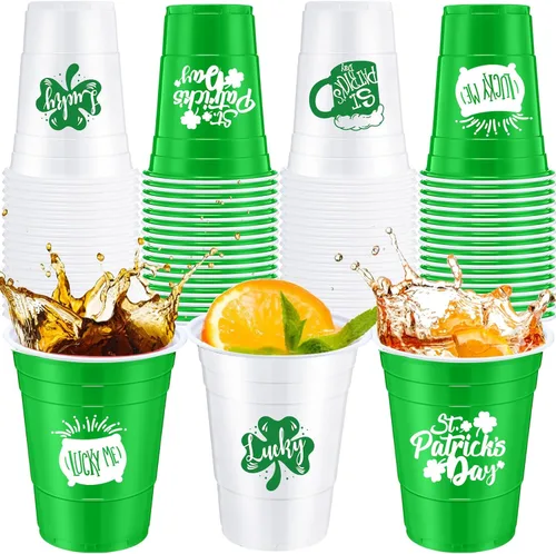 Miniatura 6 de Jingmore 30 vasos de plástico para el día de San Patricio, 16 onzas, color blanco y verde, trébol de la suerte, vasos desechables para el día de San