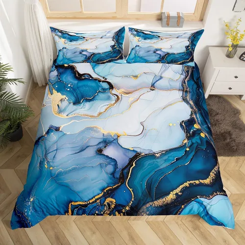 Erosebridal Juego de ropa de cama de mármol líquido azul aguamarina, funda de edredón con estampado de mármol con patrón de mármol abstracto, juego