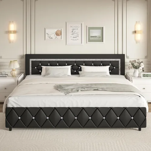BarnFurin Base de cama y cabecero tamaño King, cama tapizada de piel sintética con diseño capitoné de diamante, base de cama de plataforma moderna