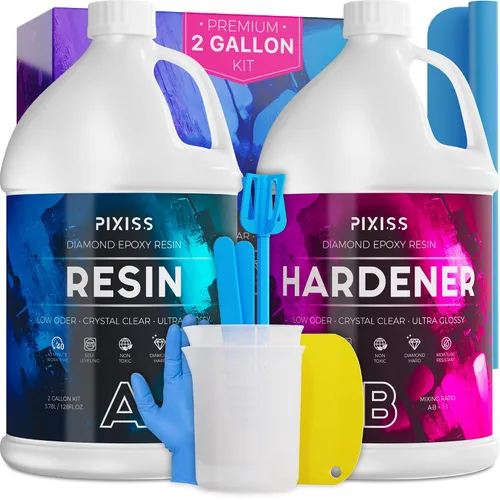 Pixiss Kit de resina epoxi de 2 galones, resina de arte transparente y endurecedor con guantes, esparcidor, varillas de mezcla de silicona y
