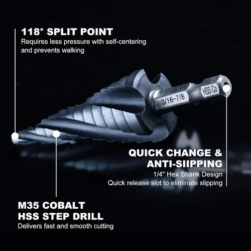 Miniatura 5 de GRENPRO Broca escalonada para metal, 3/16" - 7/8" cuatro estrías en espiral de cobalto, broca escalonada de 12 pasos, vástago hexagonal de 1/4