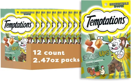 Temptations ShakeUps - Golosinas crujientes y suaves para gatos, sabor Clucky Carnival, bolsa de 2.47 onzas, (paquete de 12)
