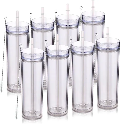 Miniatura 23 de Volhoply Paquete a granel de 4 vasos delgados de plástico de 20 onzas, vaso de doble pared con tapa y popote, taza reutilizable de viaje para café