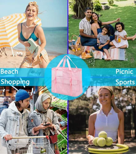 Miniatura 7 de Bolsa de playa de malla, bolsas grandes de playa con cremallera, bolsa de piscina para juguetes para viajes familiares, vacaciones, cruceros