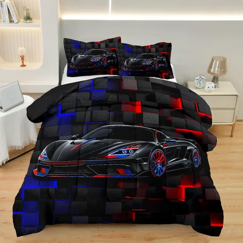 Miniatura 10 de Juego de Ropa de Cama Individual para Niños con Coches de Carrera, Juego de Edredón de Tamaño Individual con Coche Deportivo Azul para Niños, Juego
