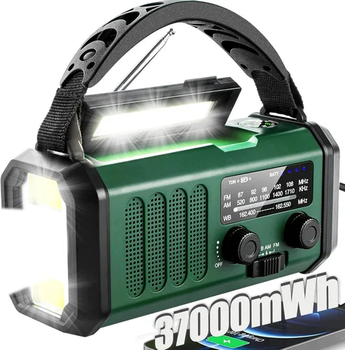 QAUYYW Radio de emergencia con manivela, radio NOAA AM FM meteorológica portátil con manivela de 37000 mAh solar, con linterna de 3 modos y luz de