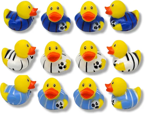 Patos de goma con temática deportiva (2 pulgadas) (paquete de 12) lindos juguetes de piscina para bañera o bañera (fútbol)