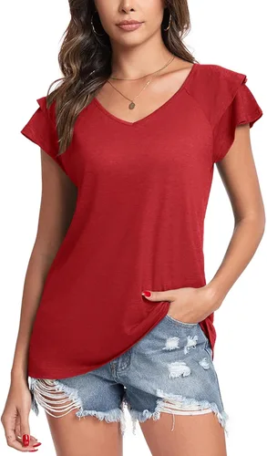 Miniatura 4 de Poetsky Camisas de verano para mujer, estilo casual, cuello en V, manga corta, ajuste holgado