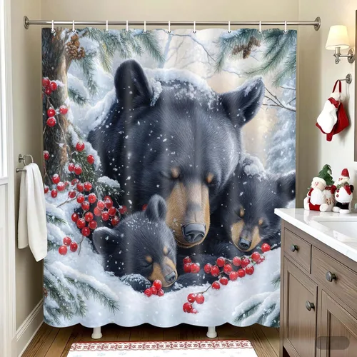 Miniatura 2 de Wathon Cortina de Ducha de Oso Negro de Invierno Escena Nevada Cortina de Baño con Osos Abrazándose Rodeados de Nieve y Bayas Rojas, Decoración