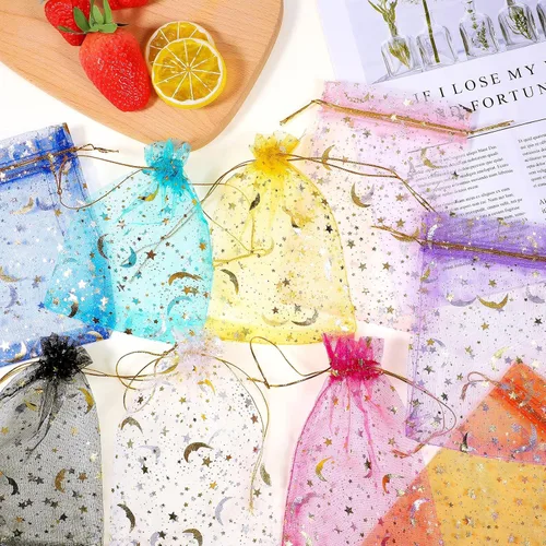 Miniatura 6 de Cunno 20 Pcs Moon Organza Mesh Jewelry Bags bulk with Drawstring Moon Star Organza Bags Sheer Candy Jewelry Pouches Wedding Favor Gift 4 x 6 Inch