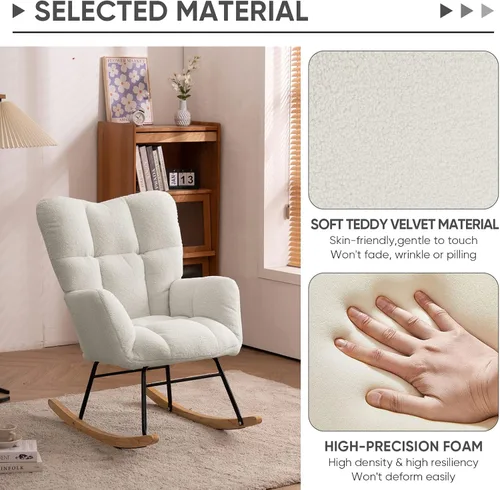 Miniatura 5 de Silla mecedora de terciopelo de peluche, sillón mecedora con carga para guardería, cómoda silla auxiliar para sala de estar, dormitorio