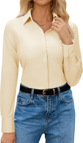 Miniatura 10 de siliteelon Womens Button Down Shirt Stretch Dress Shirt Collared Long Sleeve Hidden-Button Work Shirt Wrinkle-Free Blouse
