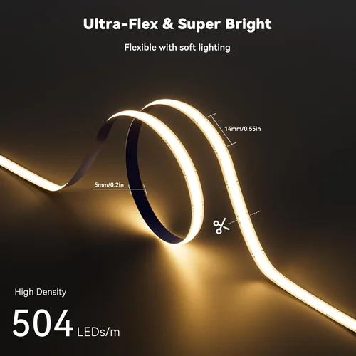 Miniatura 2 de PAUTIX Tira de luz LED COB de 5mm 16.4 pies/5m 2700K Blanco cálido 504 LEDs/m, 5000 lm CRI90+ Súper brillante DC24V Cinta LED flexible para gabinete