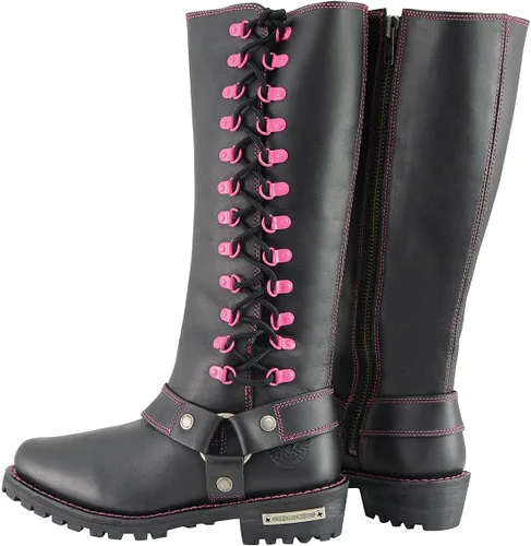 Miniatura 8 de Milwaukee Leather MBL9367 - Botas de cuero negras de 14 pulgadas con cordones fucsia, talla 11