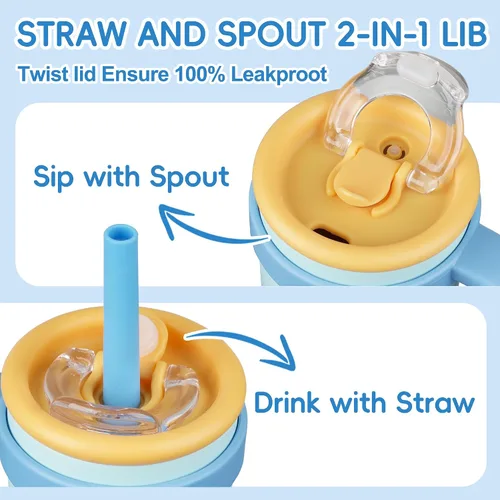 Miniatura 3 de Taza de 14 onzas para niños pequeños con aislamiento al vacío de acero inoxidable con asa, taza a prueba de derrames, pajita a prueba de fugas, taza