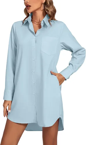 Miniatura 15 de LYANER Vestido camisero para mujer con cuello en V, botones, manga larga y dobladillo curvado