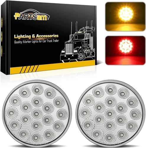 Partsam Juego de 2 luces traseras redondas rojas de 4 pulgadas a luces estroboscópicas ámbar, 19 diodos con biseles cromados y coletas de cable de 3