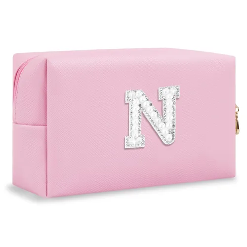 Miniatura 236 de Pequeña bolsa de maquillaje personalizada con inicial A-Z Preppy Patch, bolsa de cosméticos de viaje de felpilla blanca con cremallera, bonita bolsa