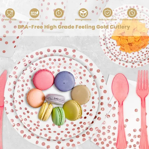 Miniatura 3 de AIRE 175 piezas de platos de papel blancos y dorados para 25 invitados, suministros de fiesta, decoraciones para fiestas, vajilla, platos de papel