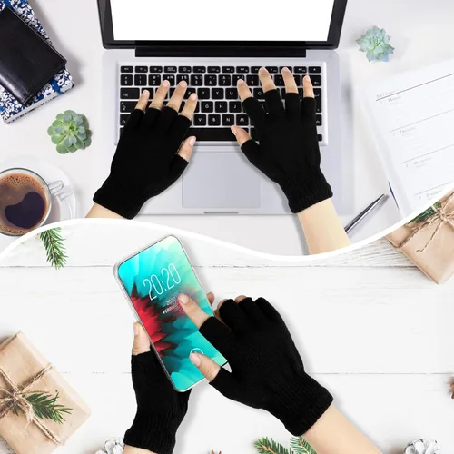 Miniatura 4 de Sumfox 4 pares de guantes negros sin dedos para mujeres y hombres, guantes unisex de medio dedo, guantes de punto, guantes elásticos de invierno