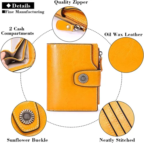 Miniatura 5 de FALAN MULE Cartera pequeña para mujer, de piel, plegable, compacta, pequeña, con bloqueo RFID, amarillo, antiguo (Antique Yellow), Cartera Rfid
