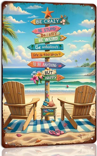 Generic Letreros vintage de surf en la playa Life Is Too Short to Be Anything but Happy de metal para cafetería, hogar, bar, playa, granja, porche,