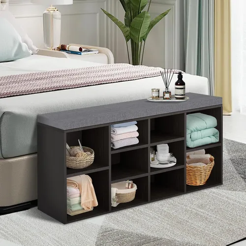 Miniatura 6 de Banco de almacenamiento de 10 compartimientos, zapatero de 3 niveles, estante ajustable, color negro Marrón